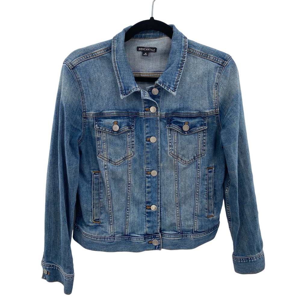 J. Crew Mercantile Trucker Denim Jacket Womens Medium Blue Jean Cotton Polyester